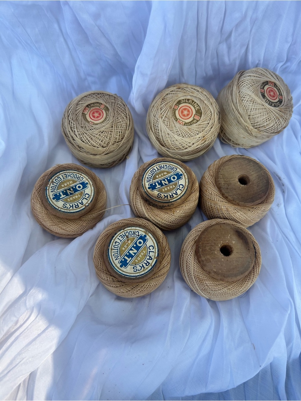 8VTG 5 Wood Spools Thread Clarks American & silken crochet cotton